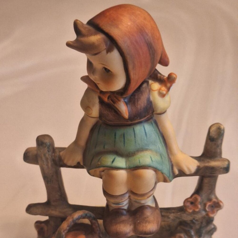Hummel Just Resting Girl on Fence with Basket Flowers Vintage Figurine Germany